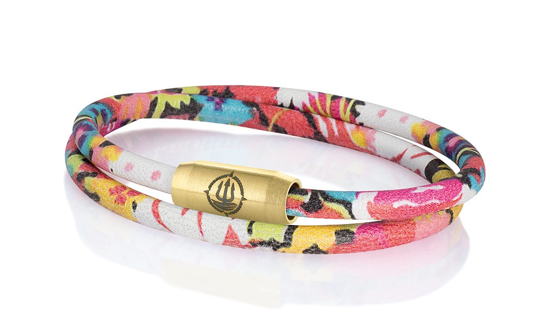Armband gelb rot Blumenmuster "Madeira" Leder Seemannsgarn